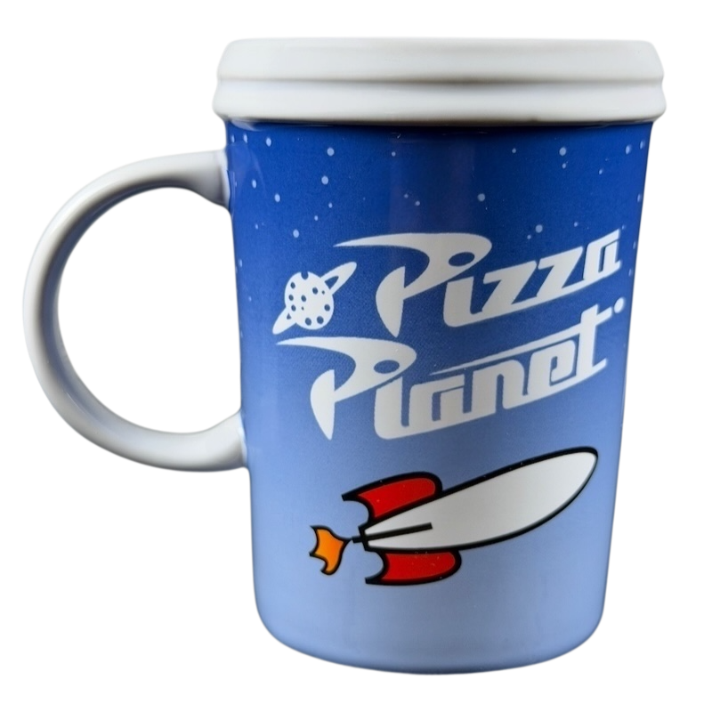 Pizza Planet Toy Story collectible mug featuring a rocket design and vibrant blue color