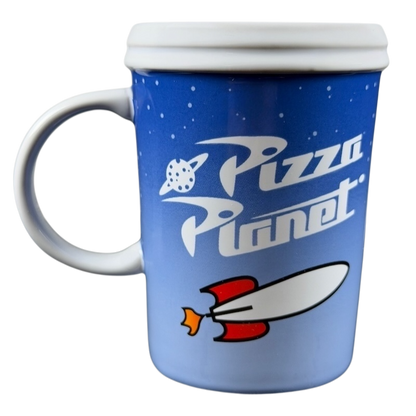 Pizza Planet Toy Story collectible mug featuring a rocket design and vibrant blue color