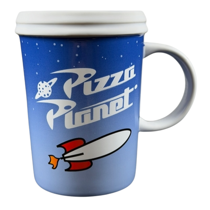 Disney Pizza Planet Toy Story collectible mug featuring a rocket design and vibrant blue color