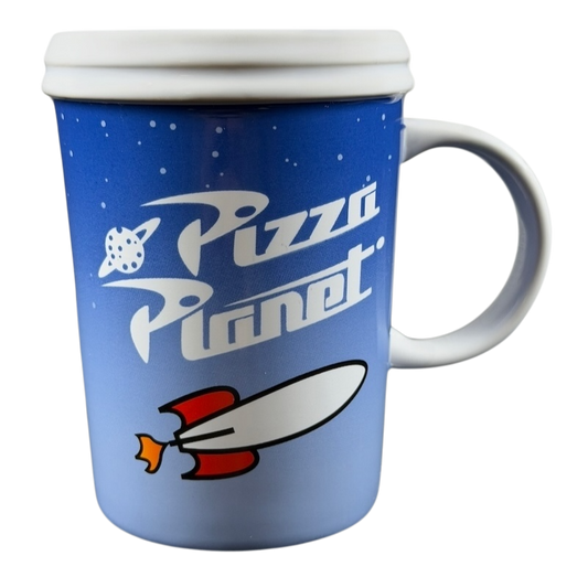 Disney Pizza Planet Toy Story collectible mug featuring a rocket design and vibrant blue color
