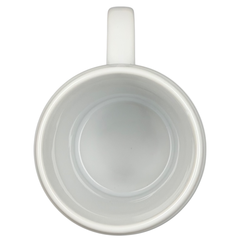 Empty white mug viewed from above, featuring the Pizza Planet Toy Story collectible mug design