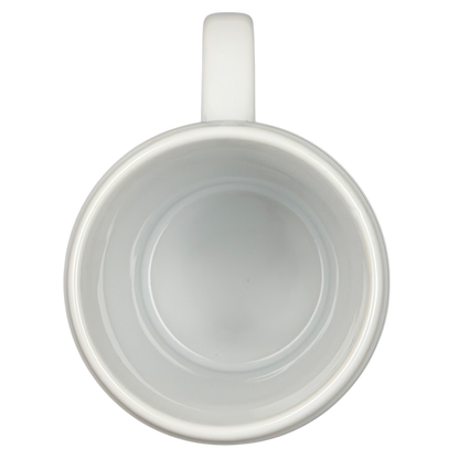 Empty white mug viewed from above, featuring the Pizza Planet Toy Story collectible mug design