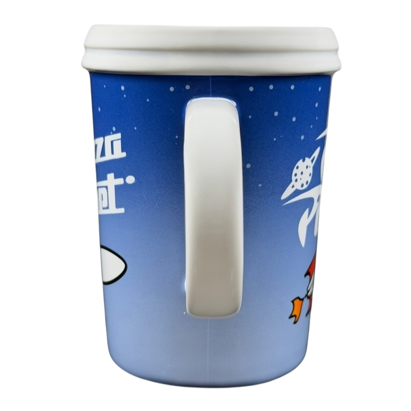 Pizza Planet Toy Story collectible mug with colorful graphics of spaceships and aliens