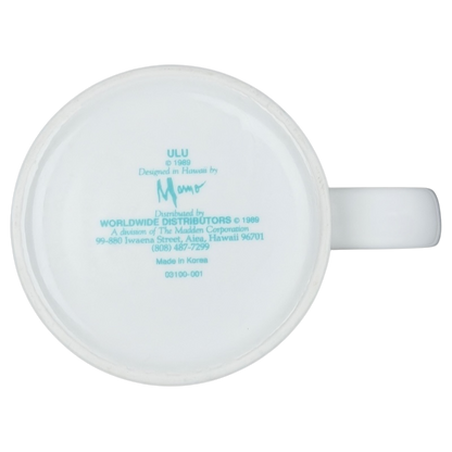 Bottom view of ULU Mamo Peach Floral vintage Mug showing brand details and design information