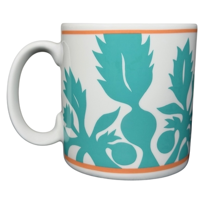 ULU Mamo turquoise floral vintage mug with bold plant designs and an orange accent band