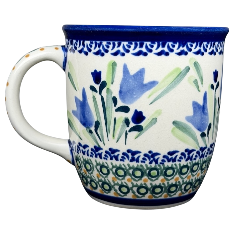 Unikat Boleslawiec blue bell floral mug featuring vibrant blue flowers and intricate patterns