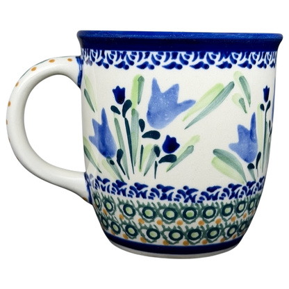 Unikat Boleslawiec blue bell floral mug featuring vibrant blue flowers and intricate patterns