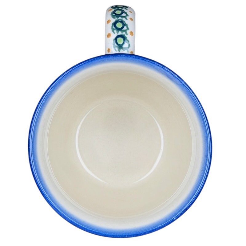 Unikat Boleslawiec blue bell floral mug with a smooth interior and decorative handle design