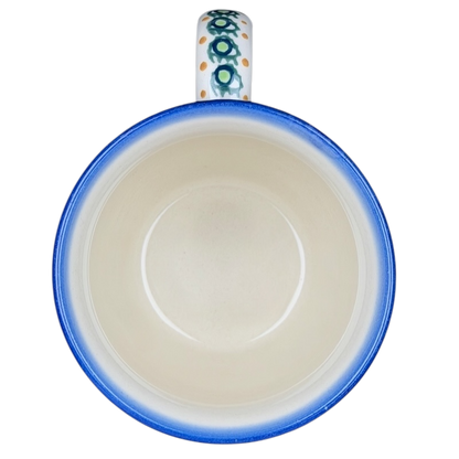 Unikat Boleslawiec blue bell floral mug with a smooth interior and decorative handle design