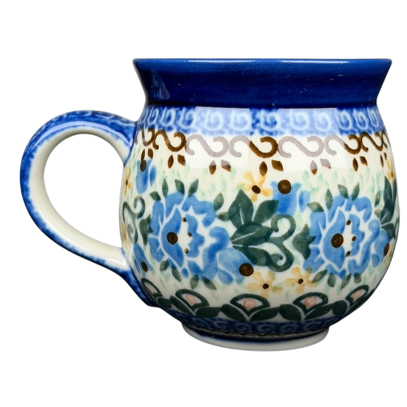 Unikat Boleslawiec Blue Floral mug with intricate floral designs and a comfortable handle
