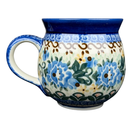 Unikat Boleslawiec Blue Floral mug with intricate floral designs and a comfortable handle