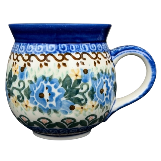 Unikat Boleslawiec Blue Floral mug with intricate floral patterns and a blue rim