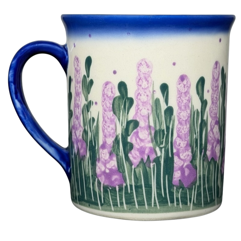 Unikat Polish Pottery ANDY Boleslawiec Floral Mug with vibrant purple flowers and a blue rim