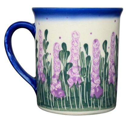 Unikat Polish Pottery ANDY Boleslawiec Floral Mug with vibrant purple flowers and a blue rim
