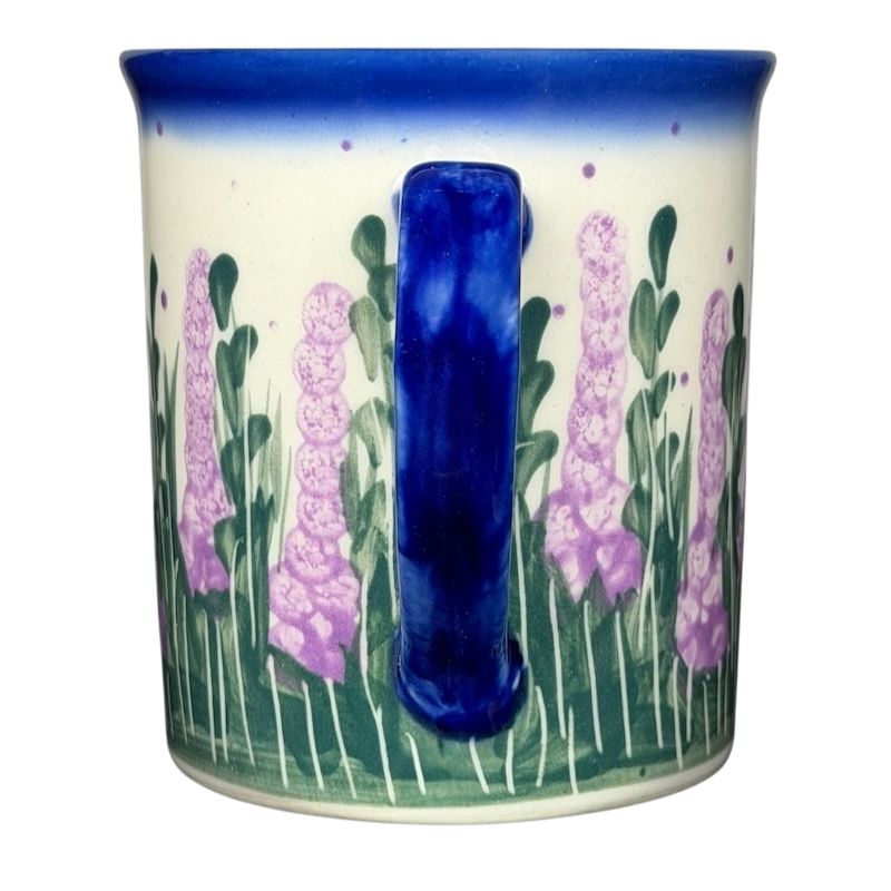 Unikat Polish Pottery ANDY Boleslawiec Floral Mug with purple flowers and green foliage design.