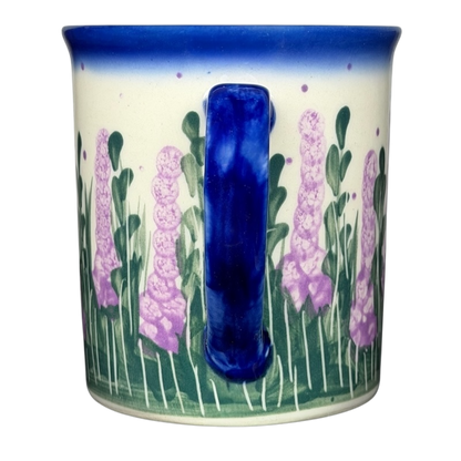 Unikat Polish Pottery ANDY Boleslawiec Floral Mug with purple flowers and green foliage design.