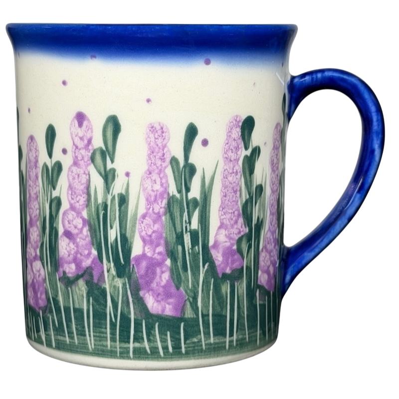 Unikat Polish Pottery ANDY Boleslawiec Floral Mug with Purple Flower Design and Blue Rim