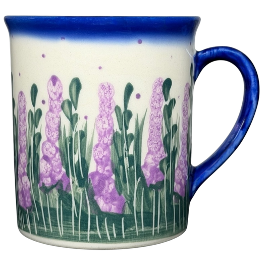 Unikat Polish Pottery ANDY Boleslawiec Floral Mug with Purple Flower Design and Blue Rim