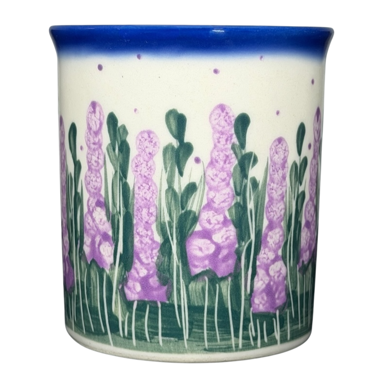 Unikat Polish Pottery ANDY Boleslawiec Floral Mug featuring vibrant purple blooms and green foliage