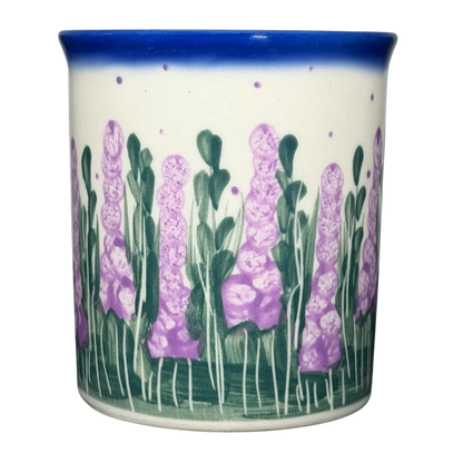 Unikat Polish Pottery ANDY Boleslawiec Floral Mug featuring vibrant purple blooms and green foliage