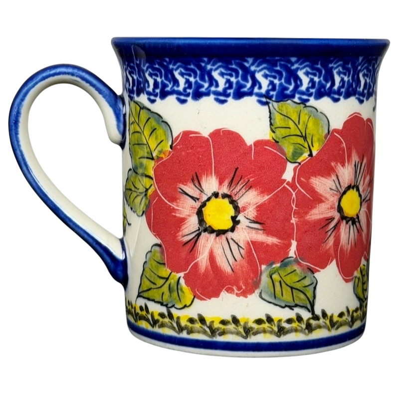 Unikat Polish Pottery Boleslawiec Kalich Floral Mug with vibrant red flowers and green leaves