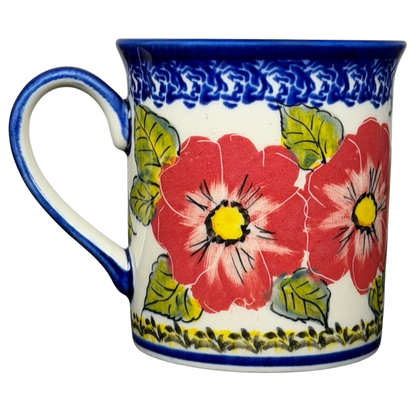 Unikat Polish Pottery Boleslawiec Kalich Floral Mug with vibrant red flowers and green leaves