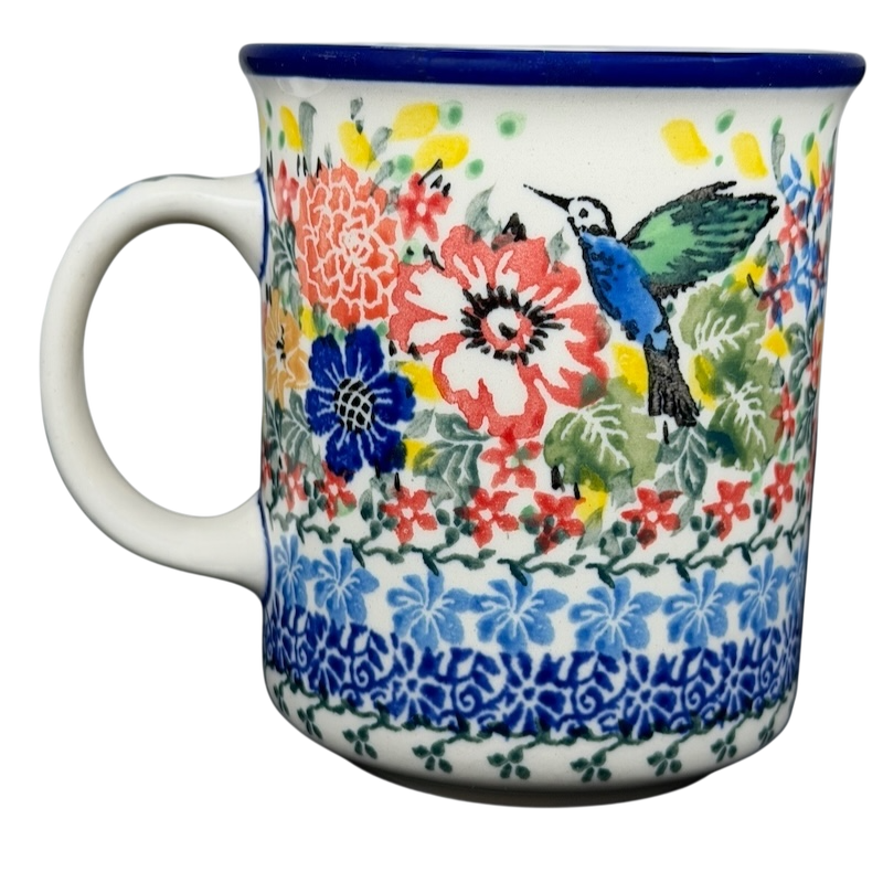 Unikat Polish pottery hummingbird mug with colorful floral designs and vibrant detailing