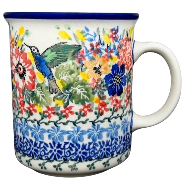 Unikat Polish pottery hummingbird mug with colorful floral design and intricate detailing