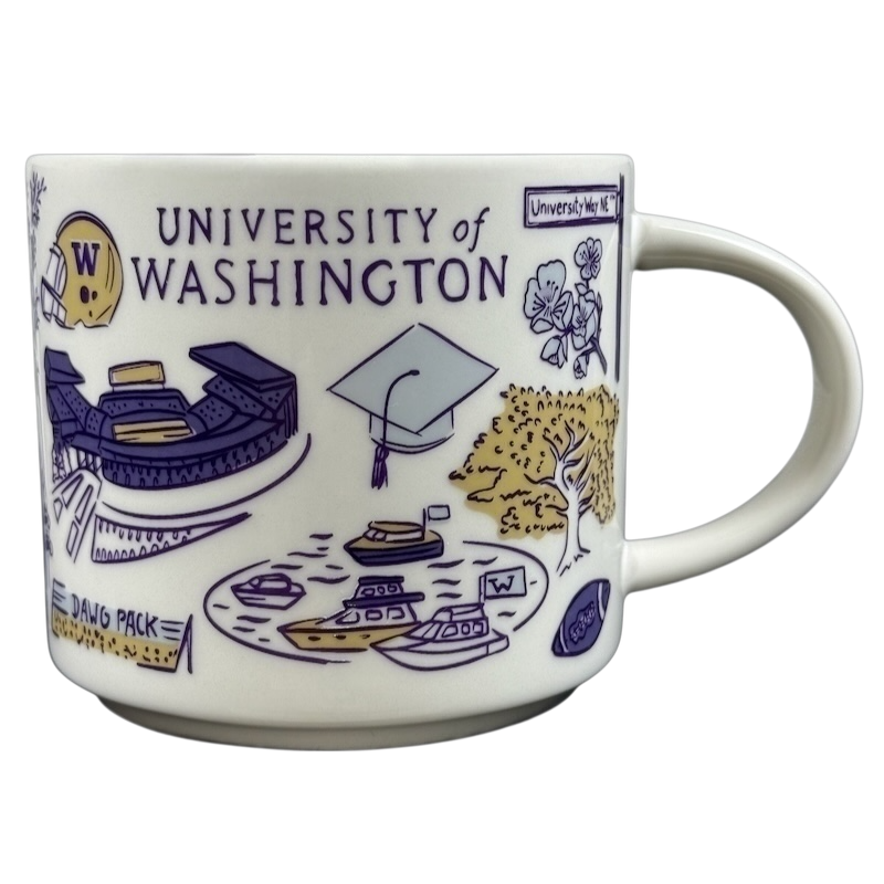 University of Washington Starbucks mug featuring campus landmarks and illustrations in a unique design