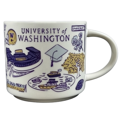 University of Washington Starbucks mug featuring campus landmarks and illustrations in a unique design