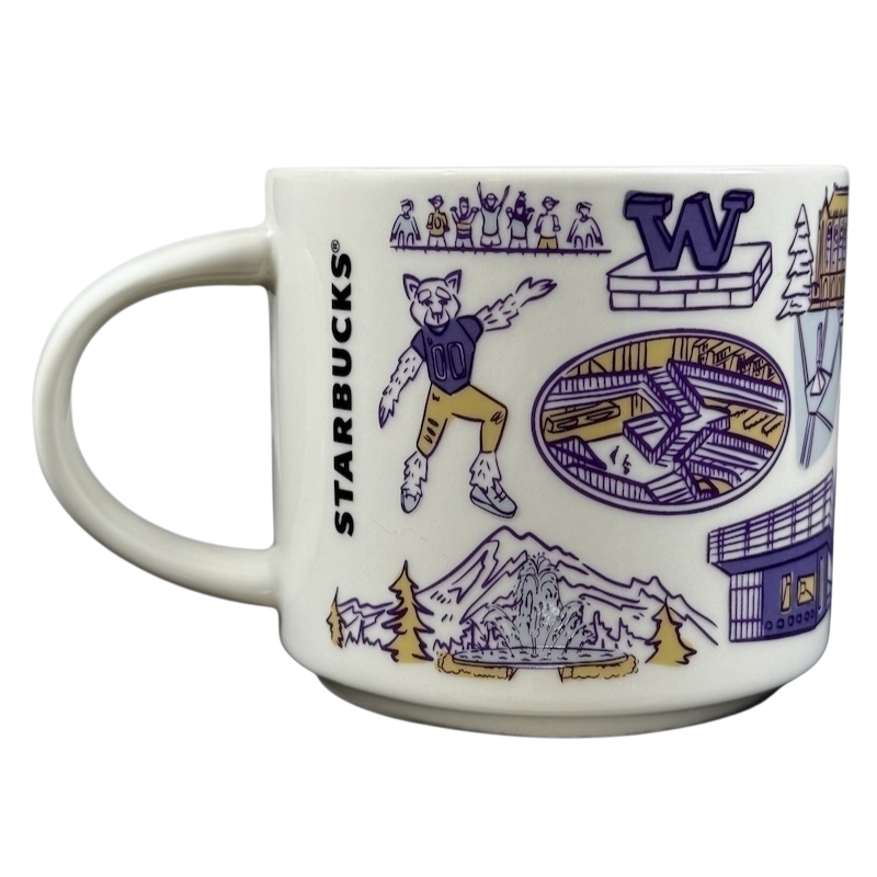 University of Washington Starbucks mug featuring local landmarks and mascot illustrations