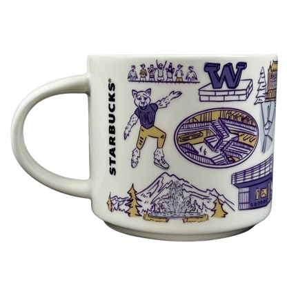 University of Washington Starbucks mug featuring local landmarks and mascot illustrations