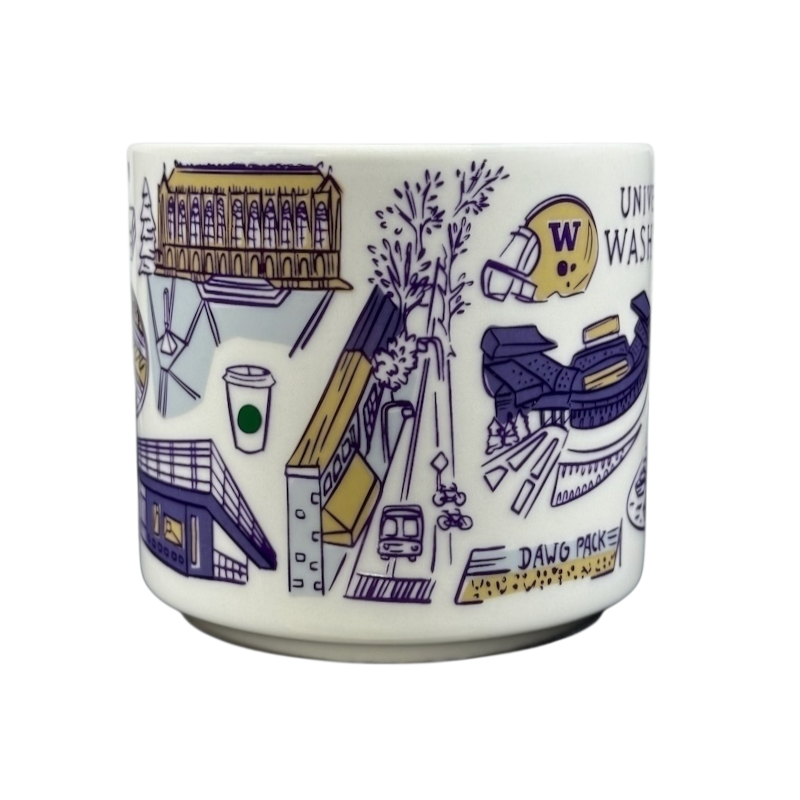 University of Washington Starbucks mug featuring iconic campus illustrations and purple accents