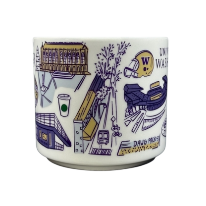 University of Washington Starbucks mug featuring iconic campus illustrations and purple accents