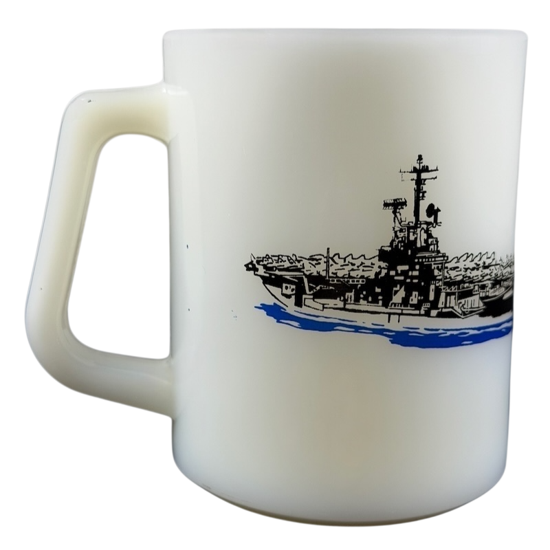 USS Hancock vintage Fire King mug featuring ship illustration on a white background