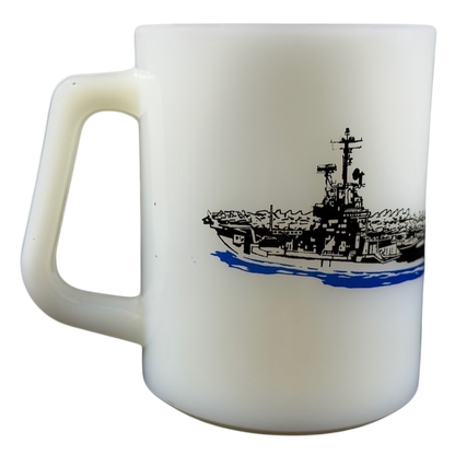 USS Hancock vintage Fire King mug featuring ship illustration on a white background