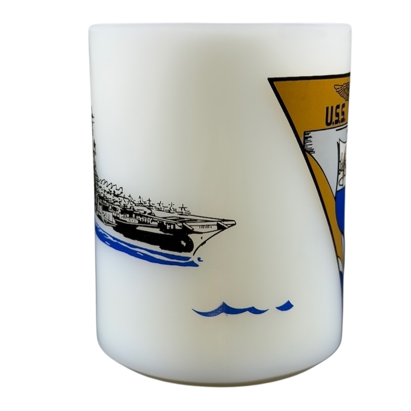 USS Hancock vintage Fire King mug featuring a detailed ship design on a frosted background