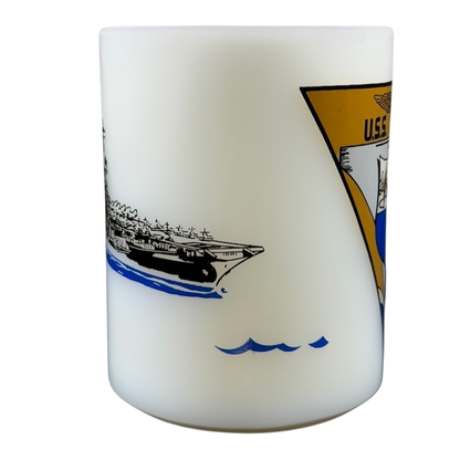 USS Hancock vintage Fire King mug featuring a detailed ship design on a frosted background