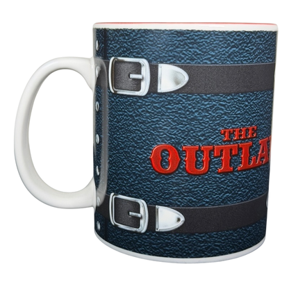 The Outlaw 1941 collectible mug featuring a textured design with a bold red logo