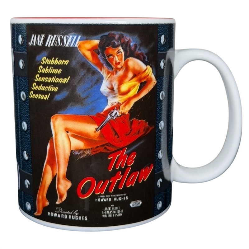The Outlaw 1941 collectible mug featuring Jane Russell and vintage movie art