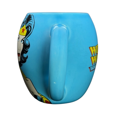 Wonder Woman Barrel Mug Vandor featuring a vibrant design and unique handle for superhero fans