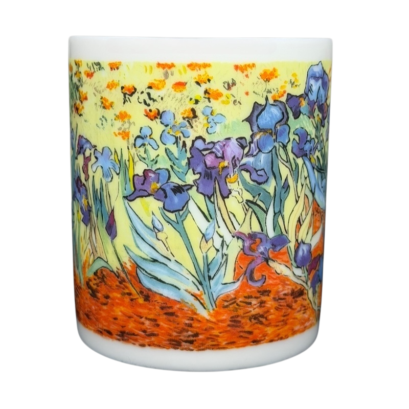 Chaleur Van Gogh Irises collectible mug featuring vibrant purple irises against a bright background