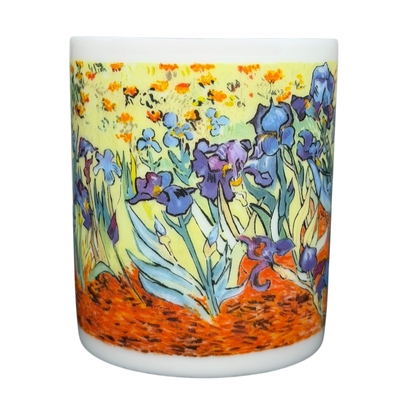 Chaleur Van Gogh Irises collectible mug featuring vibrant purple irises against a bright background