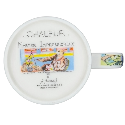 Chaleur Van Gogh Irises collectible mug featuring colorful artwork and inspirational text