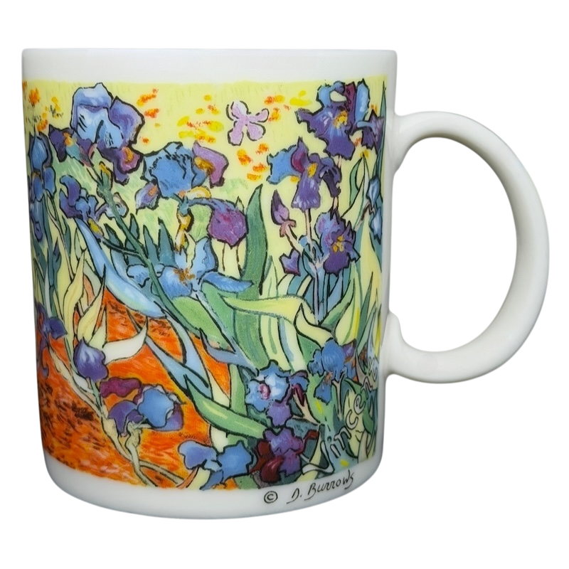 Chaleur Van Gogh Irises collectible mug featuring vibrant floral art and bright colors
