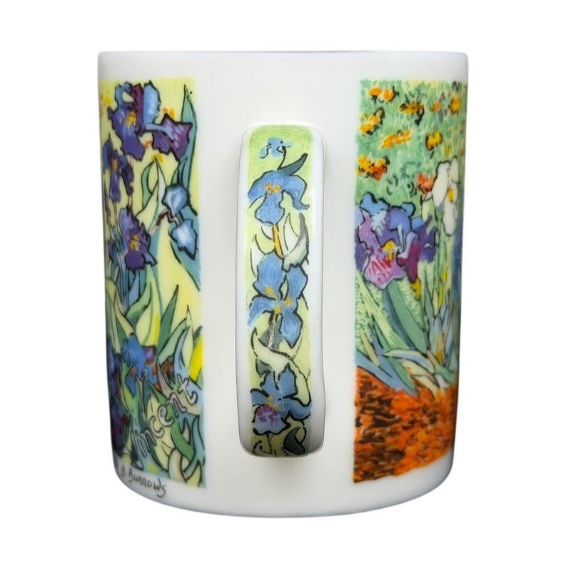 Chaleur Van Gogh Irises collectible mug featuring vibrant iris paintings on a white background