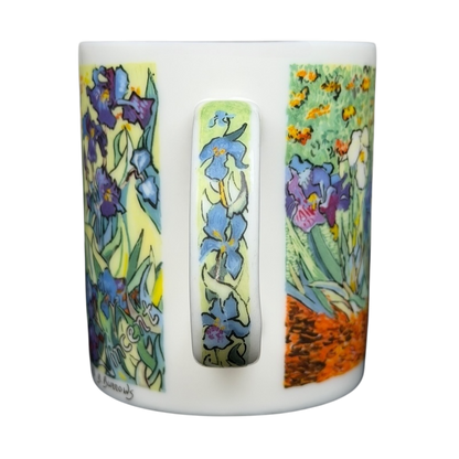 Chaleur Van Gogh Irises collectible mug featuring vibrant iris paintings on a white background