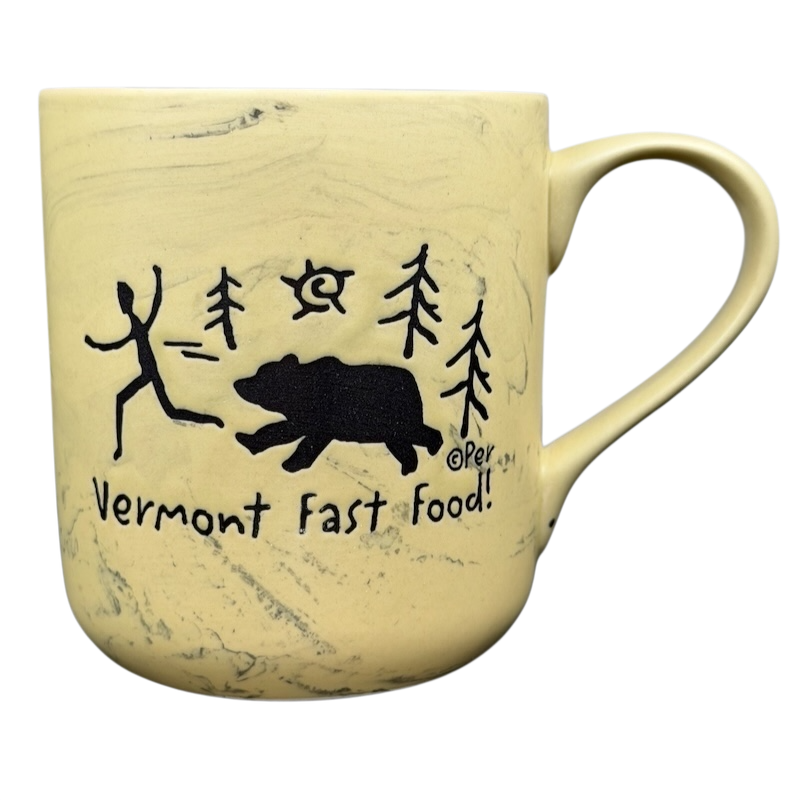 Vermont Fast Food Bear Marble Mug featuring a bear and tree design for nature lovers