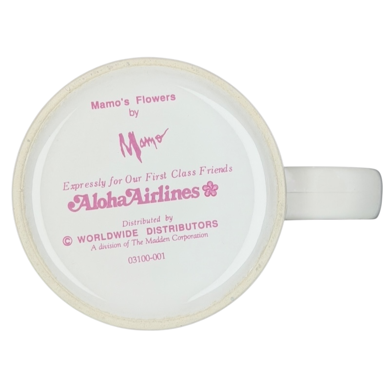 Vintage Aloha Airlines Mamo mug featuring floral design and distributor information on the bottom