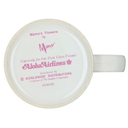 Vintage Aloha Airlines Mamo mug featuring floral design and distributor information on the bottom